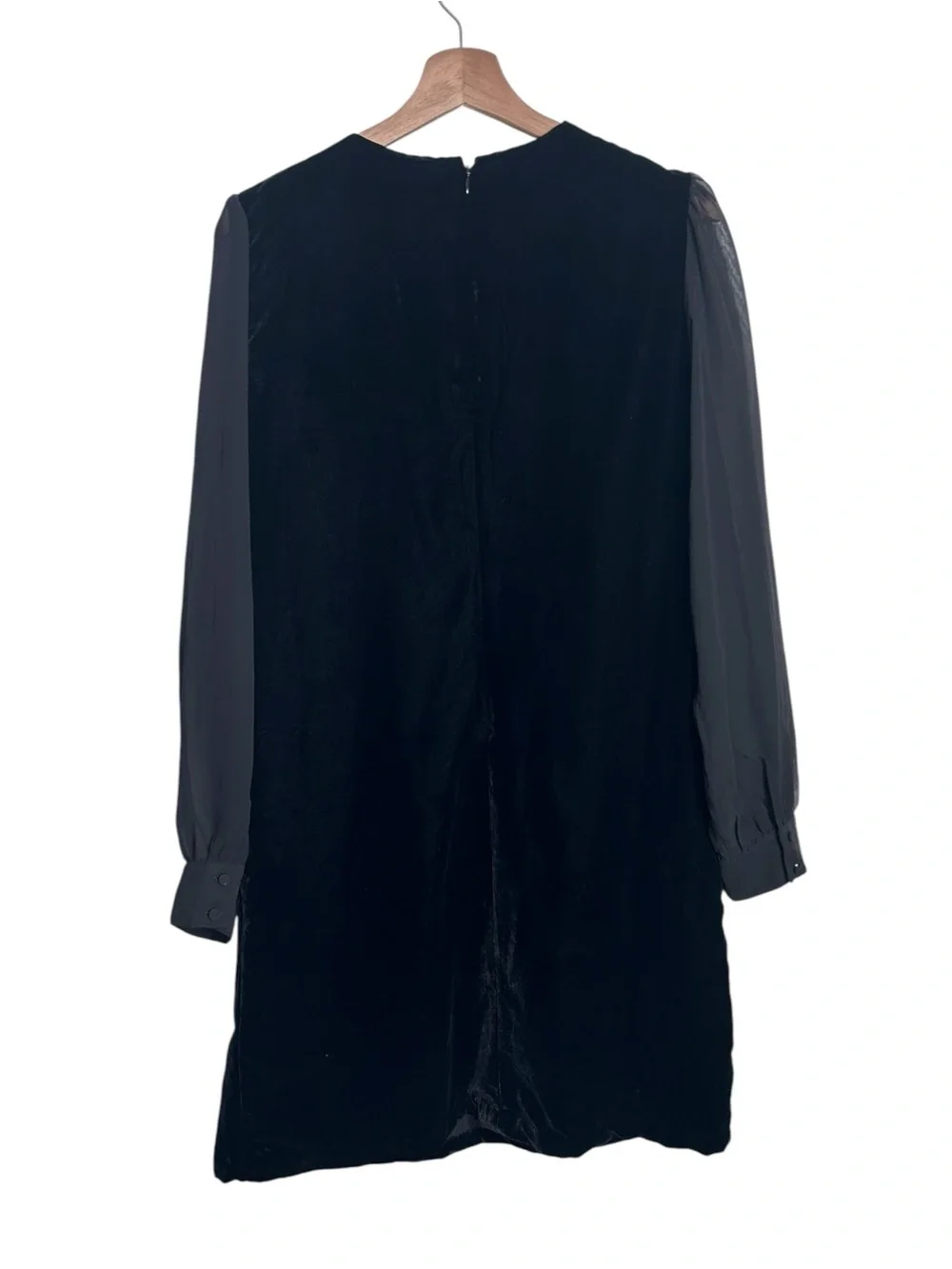 J.Crew Black Velvet Shift Cocktail Dress Sheer Chiffon Sleeves Women’s Size 10